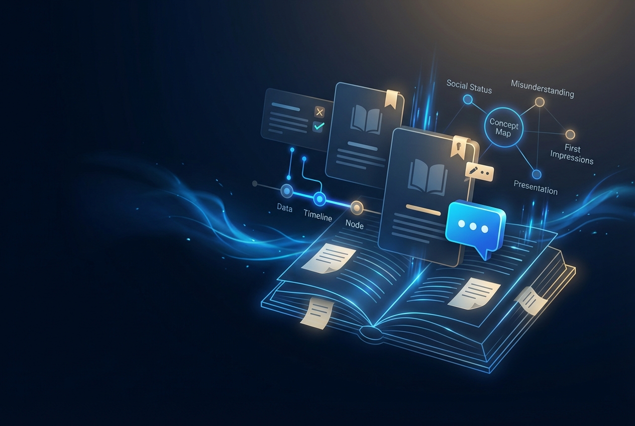 A study workflow visual showing a Pride and Prejudice theme tracker, essay thesis templates, and the Readi.AI app on a student desk